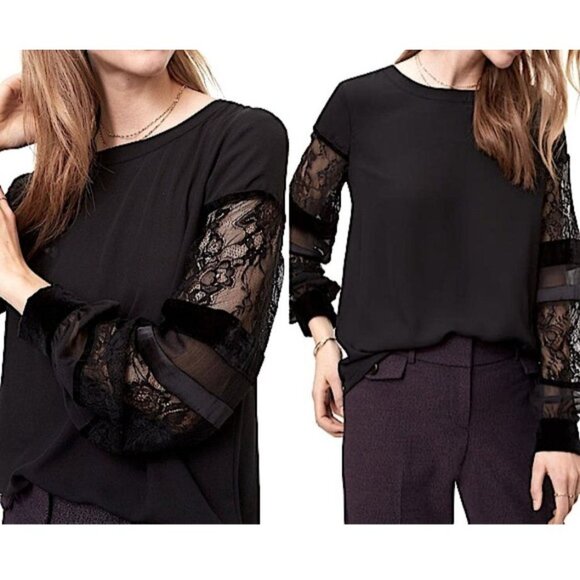 Loft Black Lace Sleeve Velvet Blouse Top Long Sleeve Fairy Goth Grunge Small - Picture 1 of 6